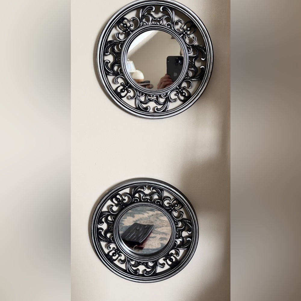 Set of 2 Vintage Silver Ornate Wall Mirrors 10" Baroque Style